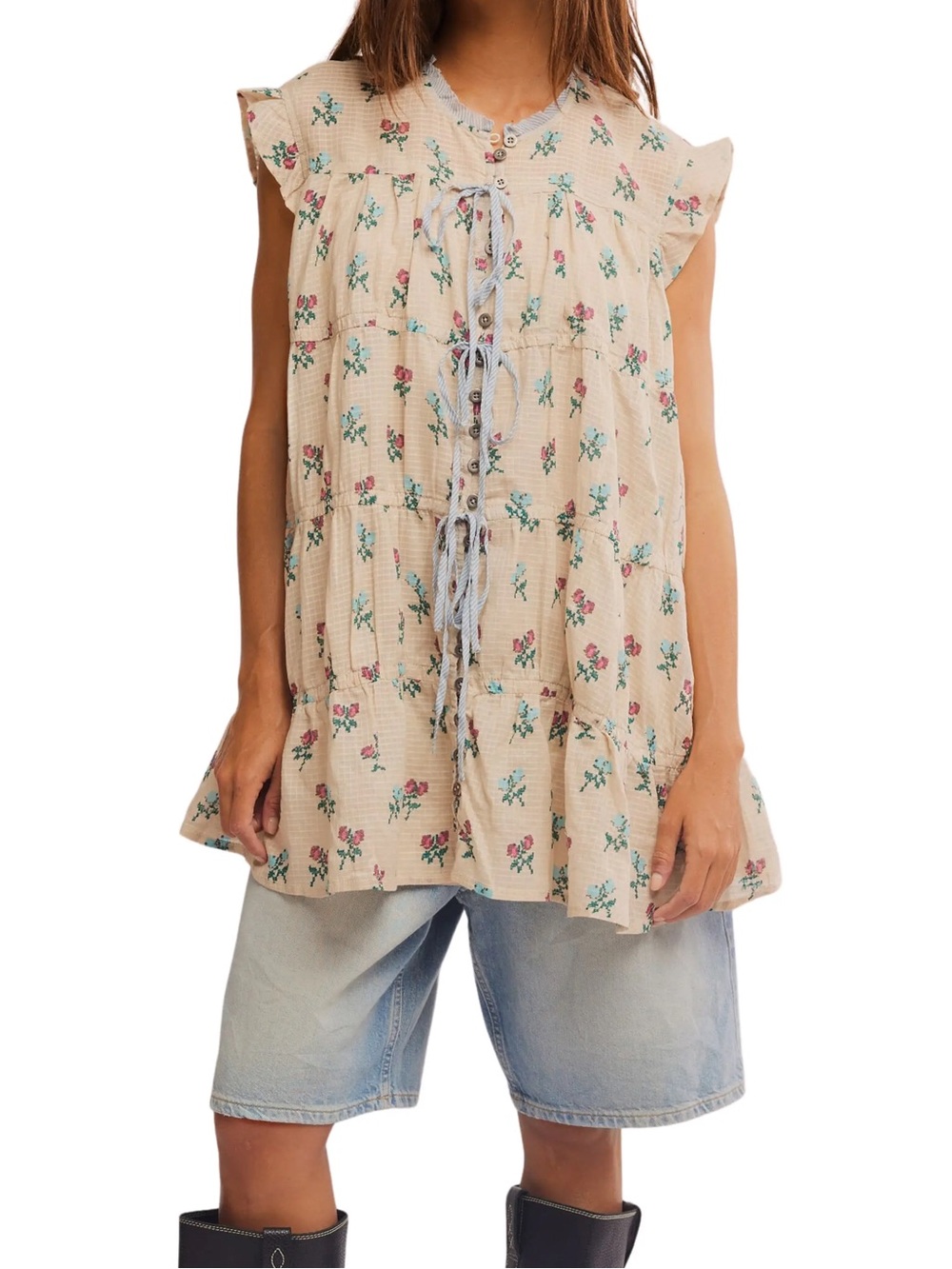 Free People Sundown Print Tunic Mini Dress Cream Pink Blue Size L